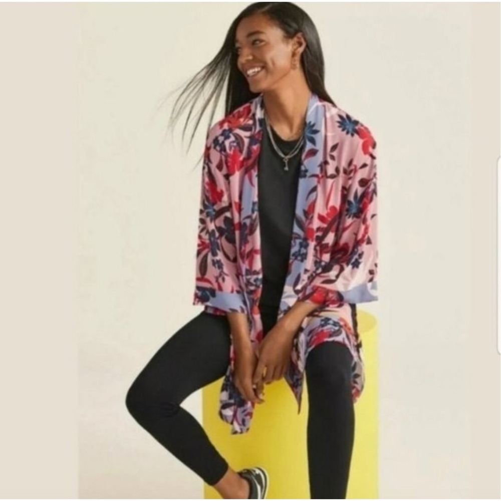Cabi 5622 Kimono Jacket Pink Floral Print Open Front XS / S Boho Resortwear